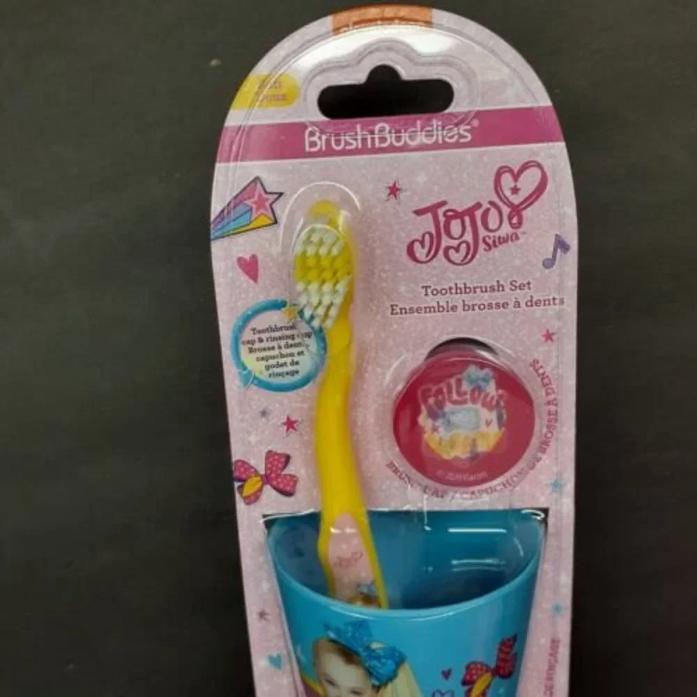 Jojo Siwa 3 Piece Toothbrush Set Holographic Cap & Rinsing Cup Blue Yellow Pink